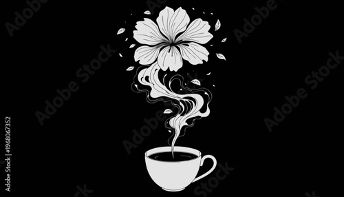 A steaming hot cup of coffee and tea with flowers beside a brown espresso mug and breakfast saucer in a cafe vector illustration