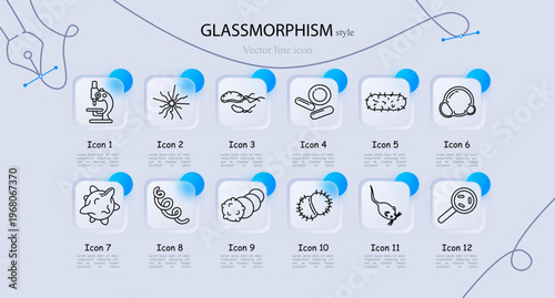 Microbiology laboratory research set icon. Line symbols with microscope, virus microbe, bacteria culture, petri dish, cell organism, headphones lab, germ structure, microbe colony, magnifier analysis