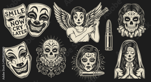 Vintage Chicano Art Tattoo Flash Set with Clown Masks, Sugar Skulls, and Mexican Street Art Illustrations