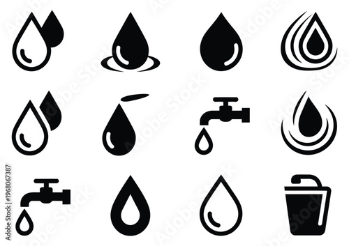 Vector features various water-related icons, including water drops, taps, waves, and pipes, versatile flat vector illustration set for environmental, plumbing, utilities, and digital interface design 