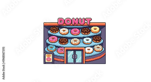 A colorful pixel art vector illustration of a donut shop storefront, showcasing a variety of delicious donuts behind glass display windows.