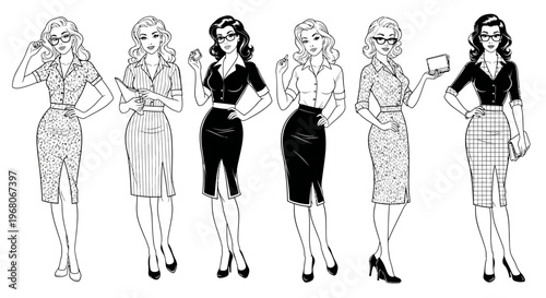 Set of Retro 1950s Office Women Illustrations - Vintage Professional Fashion Line Art for Coloring Books and Graphic Design