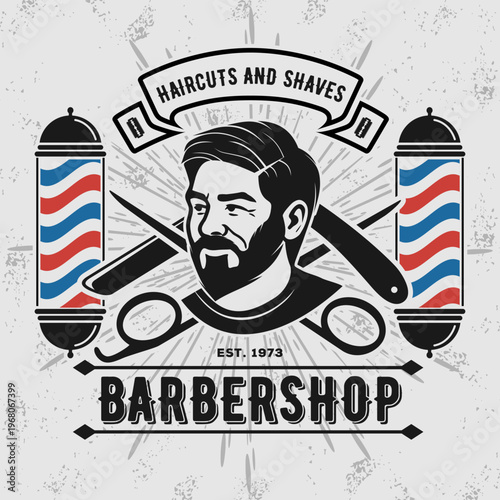 Barbershop logo, poster or banner design concept with barber pole and bearded men. Vector illustration