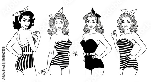 Set of Four Vintage Pin-up Women in Swimsuits, Retro 1950s Style Line Art Illustration of Beautiful Girls in Striped and Solid Beachwear with Headbands