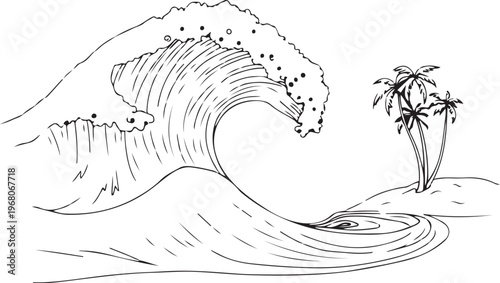 Tsunami Wave Approaching Tropical Shore Beach Hand-drawn Sketch Drawing Vector Illustration, Line Linear Symbol Black and White Engraving, Isolated