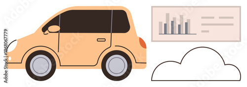 Car sharing, data storage, fleet management, environmental monitoring, automotive analytics, cloud computing. Orange compact car, bar chart cloud symbol. Car sharing and data storage theme