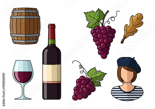 French Wine and Culture Vector Elements Set: Grapes, Barrel, Bottle, Glass, and Woman in Beret Illustration