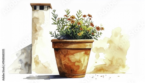 Watercolor painting of flowers in pot, chimney, and abstract background.