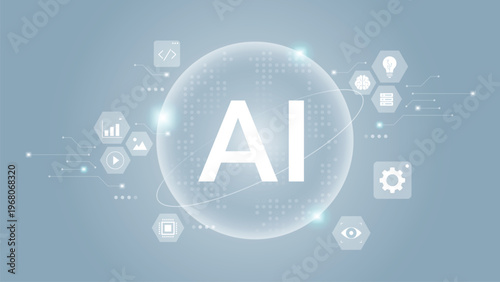 Artificial intelligence abstract background. AI text on shiny circle. Futuristic concept technology. Machine learning technology illustration