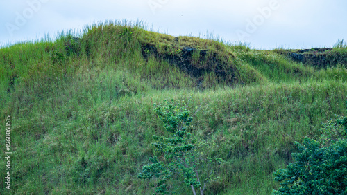 Hilly landscape with grass and sky.