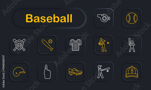 Baseball set icon. Camera, ball, shield badge, bat swing, jersey, batter, helmet, foam finger, cleat shoe, hitter, cap symbols in neon outline style for sport activity theme.