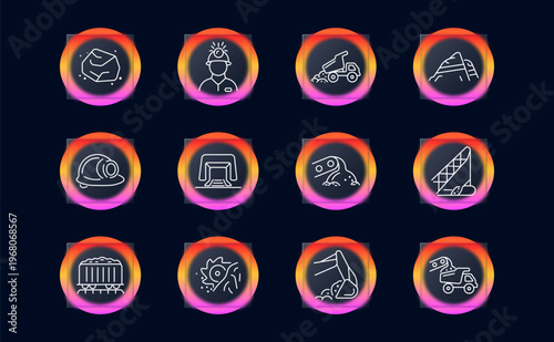 Construction mining equipment set icon. Linear industry machinery collection with stone block, worker helmet, dump truck, rocky hill, tunnel entrance, conveyor chute, crane structure