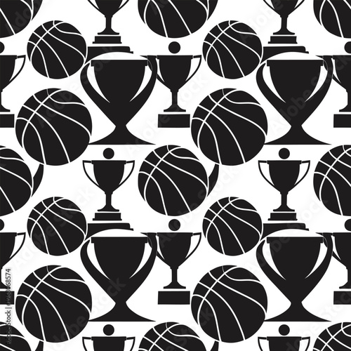 Seamless Basketball and Trophy Cup Pattern, Minimalist Black and White Vector Background for Sports Championship Branding, Youth Leagues, and Tournament Marketing