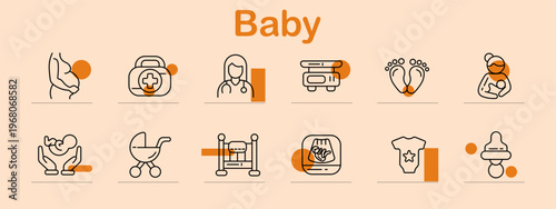 Baby care set icon. Feeding, medical kit, doctor, ultrasound, feet, mother, cradle, monitor, bodysuit, pacifier, health, newborn, parenting, clinic