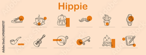 Hippie set icon. Line symbols depict sneakers, coffee cup, backpack, mustache, cactus plant, wristwatch, smoking pipe, guitar, vinyl record, skateboard, campfire, notebook