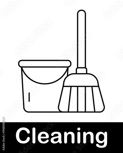 Mop and bucket line icon representing floor cleaning, janitor service and household sanitation concept
