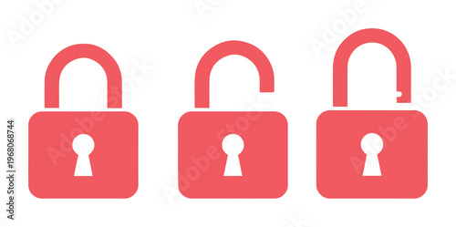 Minimalist padlock icon set in coral red, locked and unlocked security symbols, flat vector padlocks for web interface and data protection