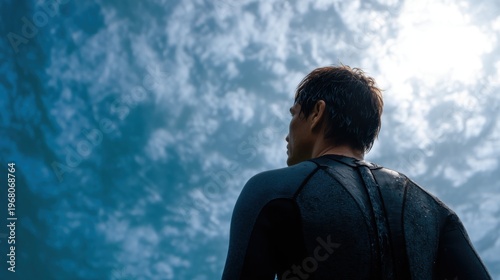 Male surfer in black wetsuit gazes at the sky with clouds and sunlight, preparing for surfing in the ocean, showcasing a coastal environment and water sports