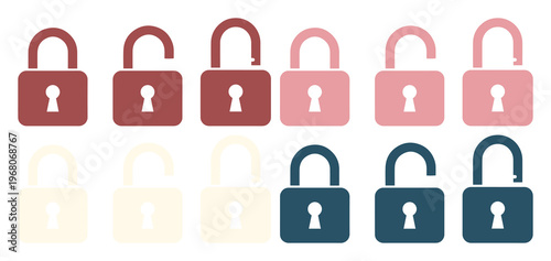 Minimalist padlock icon set, 12 vector security symbols in locked and unlocked states, flat design safety elements for web and app interfaces