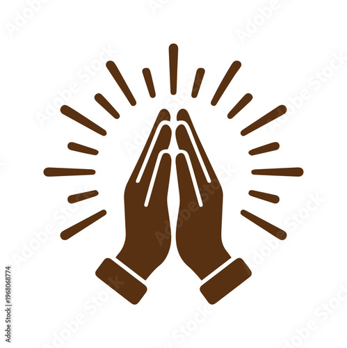 Praying hands icon with divine light rays, brown religious silhouette of hands folded in prayer, spiritual worship and faith vector illustration