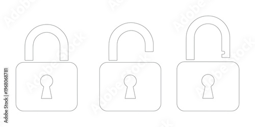 Minimalist padlock line icons set, locked and unlocked security padlocks, thin outline vector illustrations for web safety and data protection