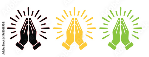 Praying hands vector icons set, religious prayer gesture with divine light rays, spiritual meditation and namaste symbols in black yellow and green