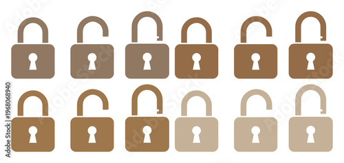 Minimalist padlock icon set in brown tones, 12 vector lock symbols in open and closed states, security and privacy flat design elements