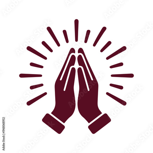 Praying hands vector icon with light rays, spiritual maroon silhouette of hands in prayer, religious devotion and worship symbol for church design