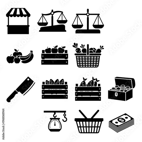 Fresh Market Grocery Shopping and Trade Icon Collection
