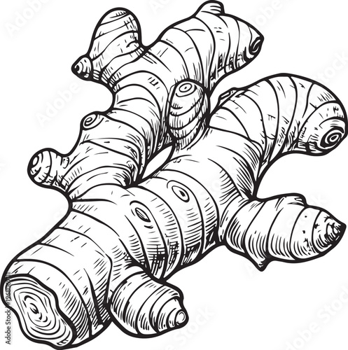 Ginger Root Hand-drawn Sketch Drawing Vector Illustration, Line Linear Symbol Black and White Engraving, Isolated