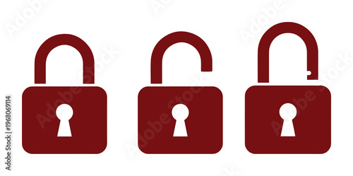 Minimalist dark red padlock icons set, locked and unlocked security symbols, flat vector padlocks for data protection and privacy web design