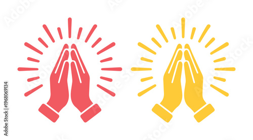 Praying hands vector icons in red and yellow, religious prayer symbols with divine light rays, spiritual namaste gesture graphics for worship