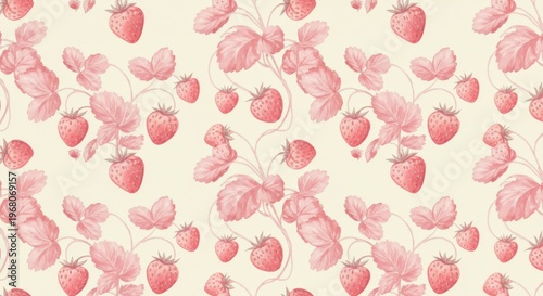 Watercolor strawberries  blush foliage pattern on offwhite