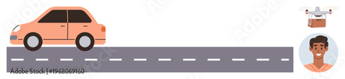 Smart transportation, autonomous vehicles, quadcopter delivery, logistics, innovation, technology. An autonomous car on a road, a Quadcopter carrying a package and a user icon. Smart transportation