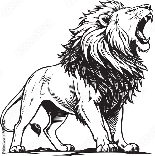 Lion Roaring Hand-drawn Sketch Drawing Vector Illustration, Line Linear Symbol Black and White Engraving, Isolated