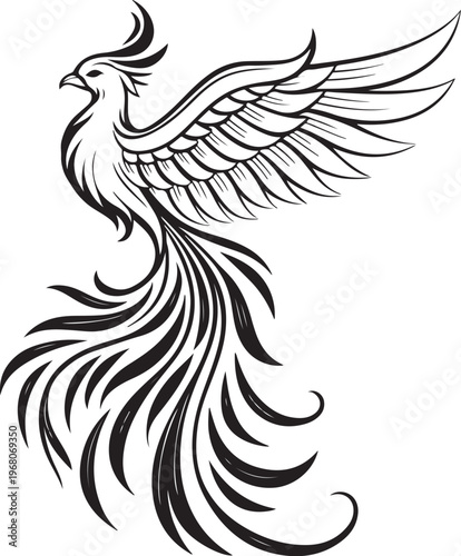 Phoenix Hand-drawn Sketch Drawing Vector Illustration, Line Linear Symbol Black and White Engraving, Isolated