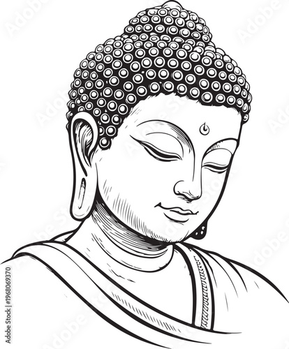 Buddha Statue Hand-drawn Sketch Drawing Vector Illustration, Line Linear Symbol Black and White Engraving, Isolated