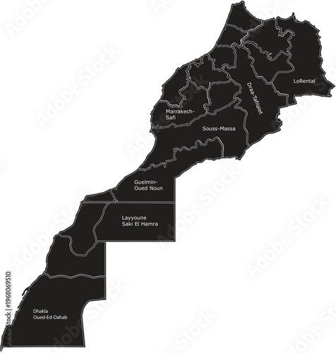 Detailed Map of Morroco with Administrative Borders and Internal Regions in Black Layout