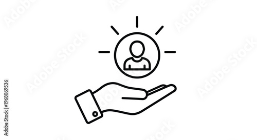 Clean line art vector graphic of an open hand supporting a bright individual icon, symbolizing excellent service, talent acquisition, or a valued human resource concept.