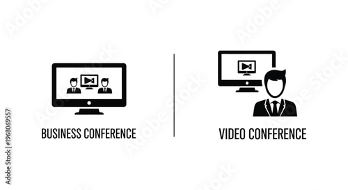 Business Conference, Video Meeting Icons, Remote Work Symbols, Office Communication Graphics