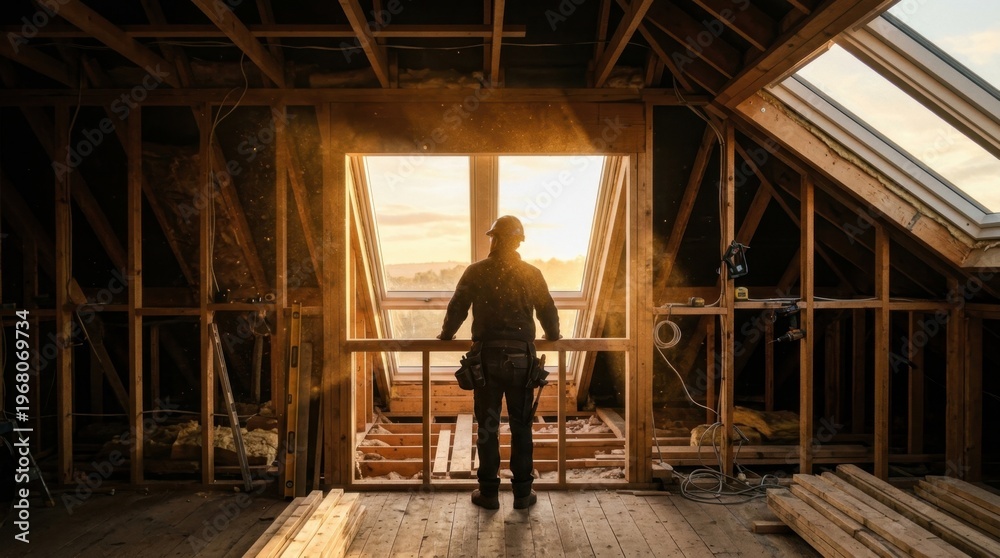Fototapeta premium Builder silhouette framed by expansive skylights in unfinished attic during golden hour