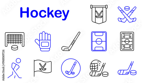 Hockey sport set icon. Line style icons display goal net, puck disk, glove gear, hockey stick, rink field, player run, flag emblem, stick symbol, helmet mask, stick puck combination