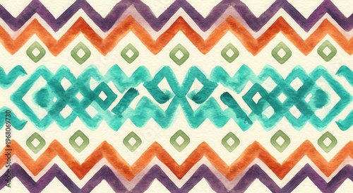 Watercolor tribal patterns repeat in purple orange turquoise and green