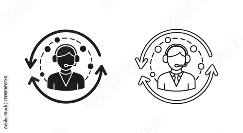 Customer service icons, support team illustrations, call center vector graphics, communication symbols