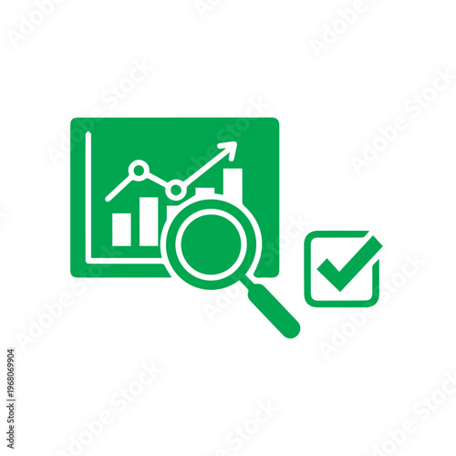 Magnifying glass examines growing financial chart with checkmark for successful analysis and business growth.