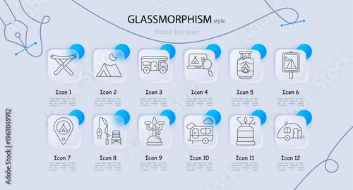 Camping outdoor recreation set icon. Line symbols with folding stool, night tent moon, camper van vehicle, map magnifier, gas cylinder, campsite signboard, location pin, fishing chair rod