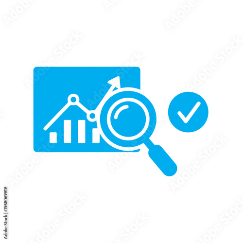 Light blue icon visualizes a magnifying glass focused on an increasing bar chart alongside a checkmark for validation.