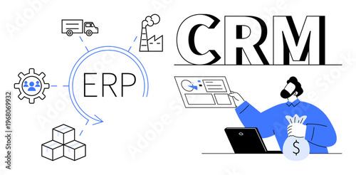 Business management, financial planning, workflow integration, enterprise solutions, customer relationships, process optimization. ion of ERP, CRM icons and businessman holding money. Business