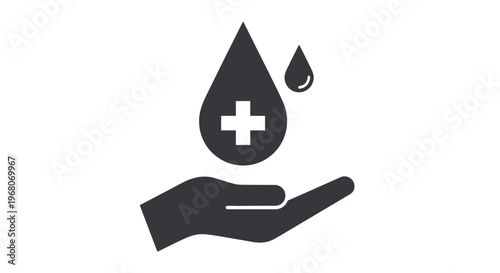 A vector graphic illustration depicting a compassionate hand receiving blood drops with a medical cross, symbolizing essential healthcare, donation, and life-saving support.