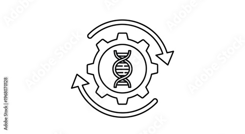 Outline vector graphic design of a DNA strand within a turning gear, encircled by arrows representing genetic modification, biological process, and scientific innovation.